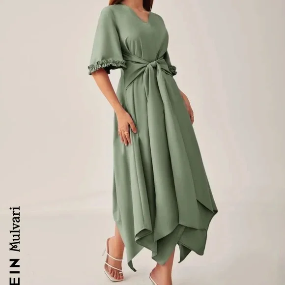 SHEIN Mulvari Frilled Cuff Tie Front Hanky Hem Dress. A-line with a V-Neck. - Picture 4 of 5